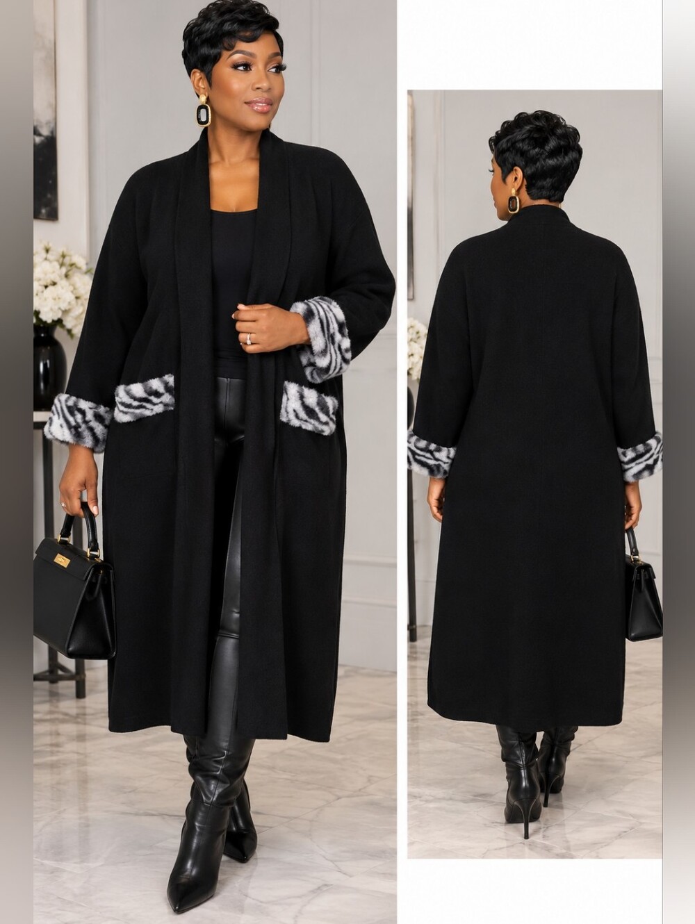 Maxsport Black Open-Front Long Cardigan with Faux-Fur Zebra Trim Sz M (NWT) - Picture 1 of 5